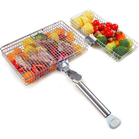 Lot de 2 Paniers Barbecue Acier Inoxydable Pliables avec Poignée Amovible pour Poisson et Légumes 30,5cm (1/5)