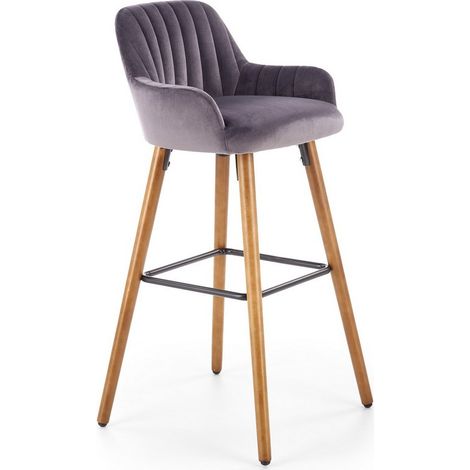 Chaise de bar en velours gris avec pieds en bois massif CLEAN (1/5)