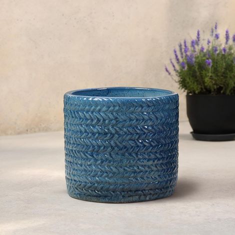 Pot de fleurs en céramique bleu foncé Ø17,5 cm avec relief (1/5)