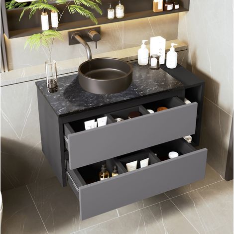 Mobile sospeso lavabo 80x44x48,5 cm in MDF nero e grigio con lavabo – MEUBLIV (1/5)
