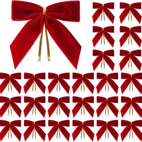 24 petits nœuds de Noël en velours rouge, parfaits pour décorer les sapins de Noël, les couronnes, les emballages cadeaux, les fêtes et réaliser des nœuds. (1/4)