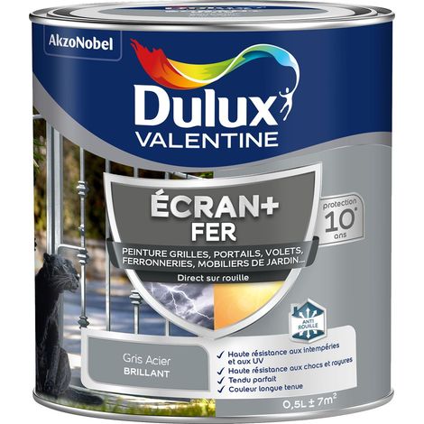 ECRAN+ FER BRILLANT - Peinture pour fer intérieur/extérieur - Grilles, portails, volets, ferroneries, mobiliers de jardin - Gris Acier 0,5 L - Dulux Valentine