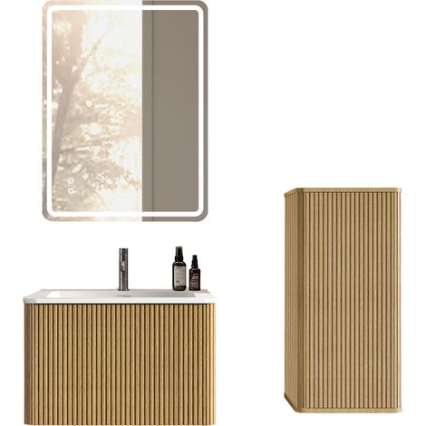 Set mobile bagno con specchio LED 60 cm, lavabo sospeso e colonna laterale, colore rovere (1/5)