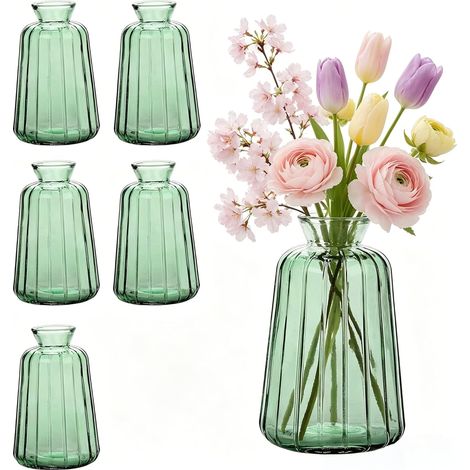 6er-Set Mini-Glasvasen – Vintage-Grün – Robuste Tischdekoration – Für Hochzeiten und Zuhause – Durchmesser 6,7 cm (1/5)