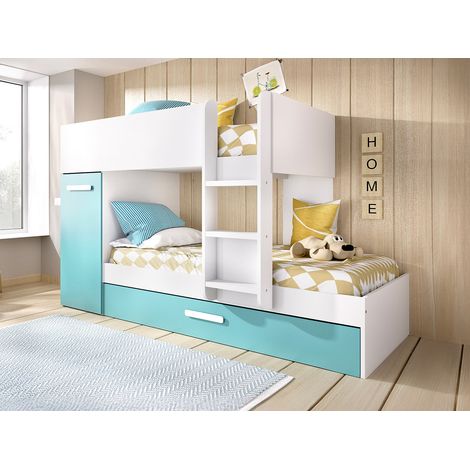 Lits Superposés ANTHONY avec rangements 3 x 90 x 190 cm - Blanc et bleu + Matelas (1/5)