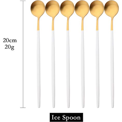 (Or blanc, 6 pièces) Cuillères à long manche mates pour remuer les boissons, couverts en acier inoxydable