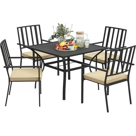 Outsunny 5 Pieces Garden Dining Set with Cushions, Outdoor Patio Table and 4 Stackable Chairs, Metal Top Table with Umbrella Hole, Black
