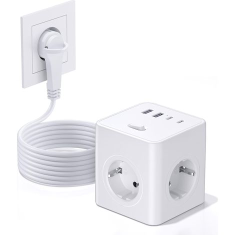 Cube Multiprise 8-en-1 avec Interrupteur, 4 Prises avec 2 USB-A et 2 USB-C, multiprise Power Cube avec Anneau de Traction, câble de 1,5 m pour la Maison/Le Bureau, Noir (1/5)