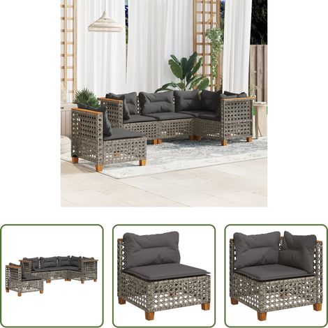 vidaXL Rattanmöbel - 5-tlg. Garten-Sofagarnitur mit Kissen Grau Poly Rattan (1/5)