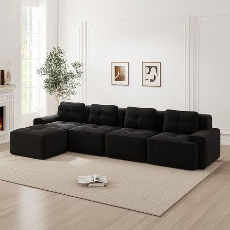 Canapé d’angle modulaire en velours côtelé noir, 4 places, sans montage (1/5)