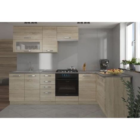 Cuisine complète d'angle 240x165 cm – Plan de travail réversible – Décor chêne sonoma – Meubles en panneaux de particules 16mm