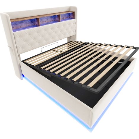 LED-Polsterbett 180 x 200 cm mit USB und hydraulischem Stauraum, Leinenoptik Beige (1/5)