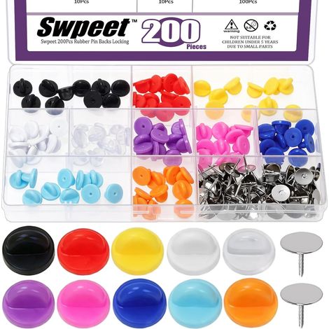 Kit assortimento di 100 fermagli di sicurezza in gomma PVC in 10 colori, con 100 spille neutre. Fermagli in silicone, fermagli di sicurezza per badge, per fissare saldamente i badge. (1/5)