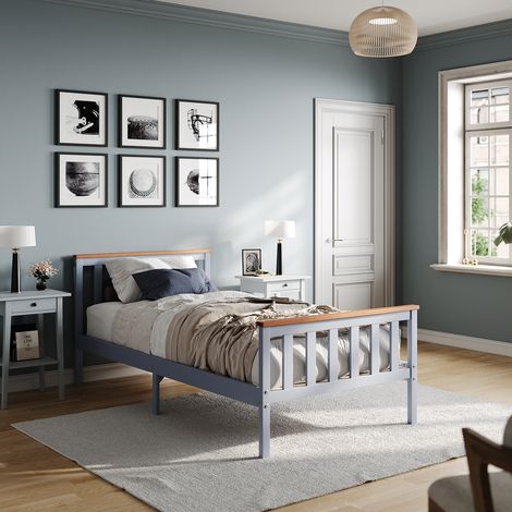 ELEGANT Bed Frame Pine Wood Wooden Slat Support Platform Bed Planking Thickness 12MM Grey 90x190 (1/5)