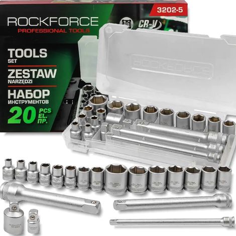 Juego de herramientas de vaso Rockforce de 3/8", 20 piezas con adaptadores y extensiones. (1/5)