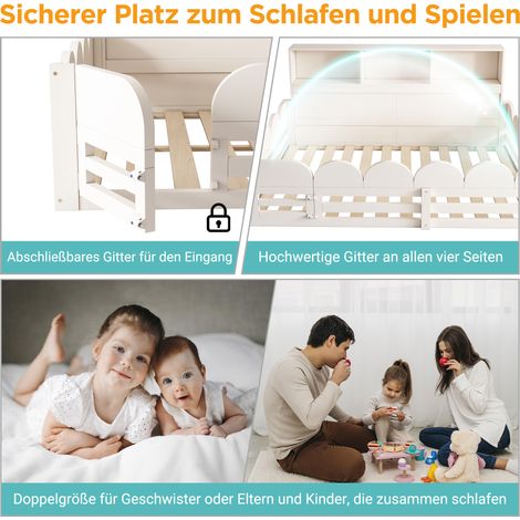 Lit enfant 140x190 cm blanc, lit en bois avec barrière de sécurité et porte, sommier inclus, grande surface de couchage pour frère et sœur, espace sûr pour dormir et jouer, sans matelas (1/5)