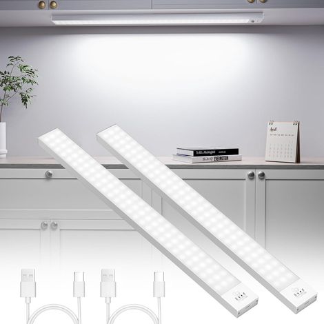 Lampe de Placard Lot de 2, 43cm Lampe Led Detecteur de Mouvement 5000K USB Lampe de Placard Armoire 2500mAh, Rechargeable Veilleuse (1/5)