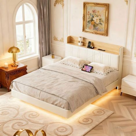 Letto 140x190 cm, 21HXF, LED RGB, USB, contemporaneo, struttura letto matrimoniale 140x190 cm, PU, bianco