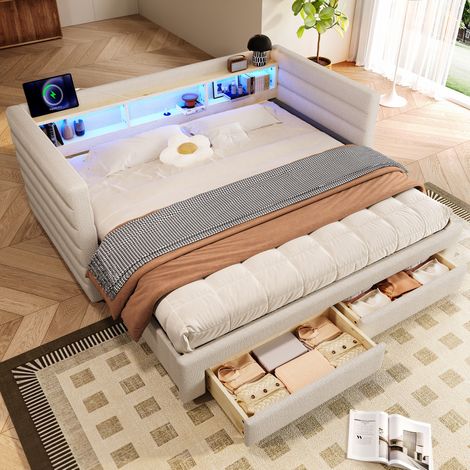 Lit de jour 90x190 cm beige en velours avec tiroirs, LED, ports USB-C et couchage extensible (1/5)