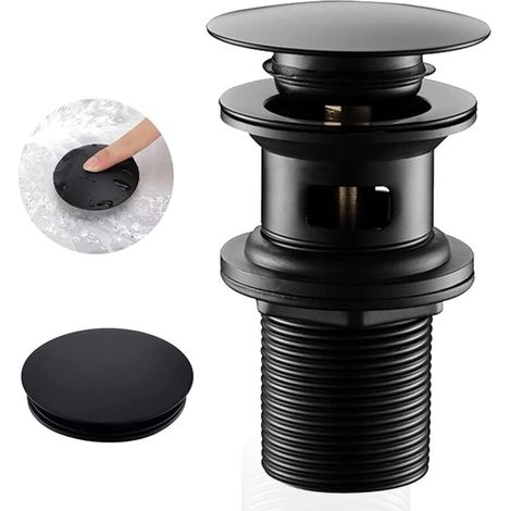 Bonde de lavabo avec trop-plein - clapet anti-retour, bonde de lavabo noire, bonde de lavabo universelle (noire) (1/4)