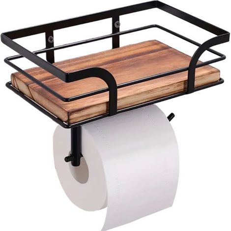 Porte-papier toilette avec étagère en bois, noir (1/5)