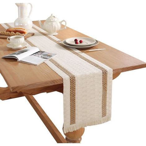 Runner da tavola in lino, cotone e lino, in stile boho, morbido runner da tavola da cucina con nappe, lavabile, per matrimoni, feste, decorazioni per case di campagna. (1/5)