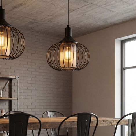 Pendelleuchte Metall E27 B: 30 cm H: max. 130 cm Schwarz Bernstein rund Modern Käfigschirm
