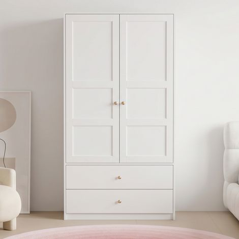 Kleiderschrank 2-türig mit 2 Schubladen und Kleiderstange - 100 x 48 x 180 cm - Schlafzimmerschrank aus MDF im modernen Landhausstil - Weiß (1/5)