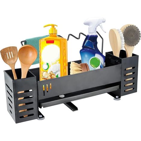 Organisateur D'évier de Cuisine,24,5x9x10,5cm Porte Eponge Evier avec Porte-Serviettes 2 Boîtes de Rangement, organisateur evier avec Bac de Vidange Automatique, Range eponge Evier Support Eponge,Noir (1/5)