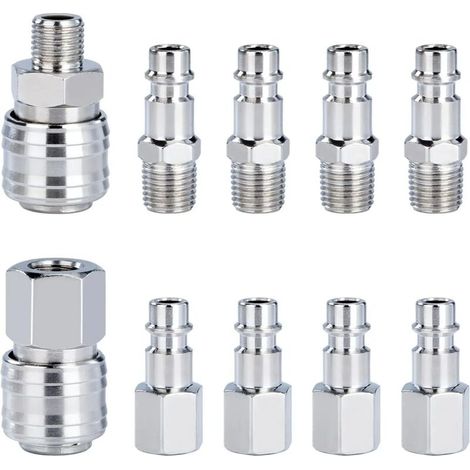 Raccord Rapide de Compresseur 1/4"BSP Coupleur Pneumatique d\'air Kit Raccords de Tuyau Connecteur Homme Femme 10 Pièces (1/5)