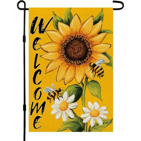 Drapeau de jardin double face en toile de jute à motif tournesol (12 x 18 pouces), décoration de bienvenue estivale pour porche et jardin.