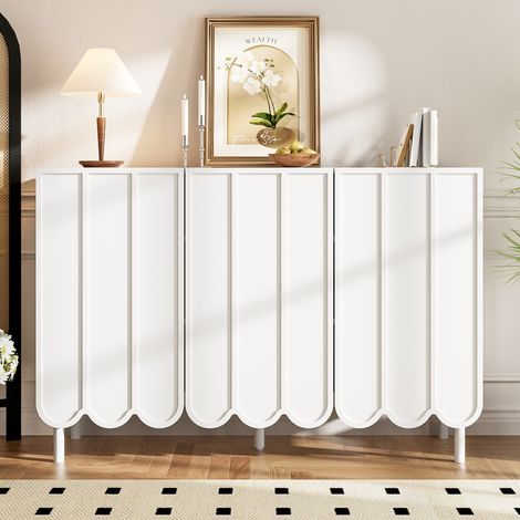 Buffet Enfilade Moderne Blanc 120cm Portes Ondulées Sans Poignées Étagères Réglables Rangement Salon Couloir Salle à Manger (1/5)