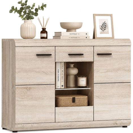 Credenza Hami, Madia 3 Ripiani, Apertura Battente, 3 Ante, 120x42x87h cm Marrone Rovere