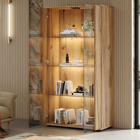 Vitrine mit 2 Glastüren, 4 Einlegeböden, dimmbare LED, 80 x 36 x 150,5 cm, natur HAVRYA (1/5)