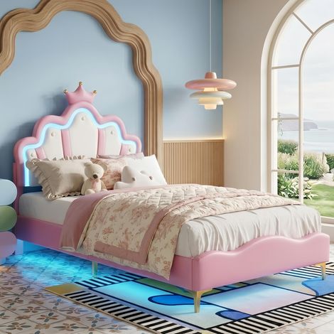 Lit enfant 90x190 cm, lit capitonné avec tête de lit couronne - lit princesse avce LED multicolore réglable - lit fille scandinave rose (1/5)
