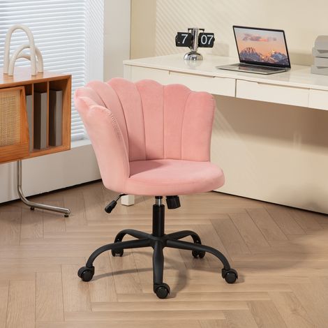 Bürostuhl mit Blütenblatt-Rückenlehne, armloser Bürostuhl mit verstellbarer Höhe, Rollen und drehbarem Samtsitz, 69 x 64 x 80–90 cm, Rosa (1/5)