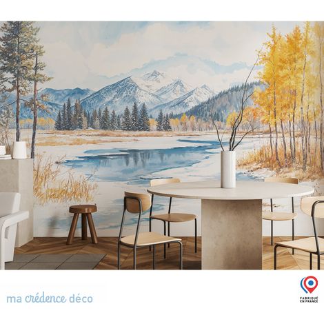Papier peint : Sapin, lac et montagnes enneigées, Aquarelle - Intissé - 400 cm - 280 cm (1/3)