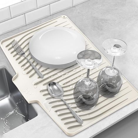 Tapis de séchage en silicone pour bols et assiettes de cuisine, tapis égouttoir pour vaisselle, tapis antidérapant avec conduit d'évacuation intégré, tapis de séchage pour plan de travail de cuisine ( (1/5)