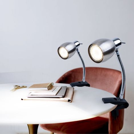 Lampe à pince nickel mat lampe à pince lampe à pince LED avec prise, lampe de table liseuse, spot mobile, métal noir, 1x LED 3W 250Lm 3000K, HxA 17,5x12cm, lot de 2
