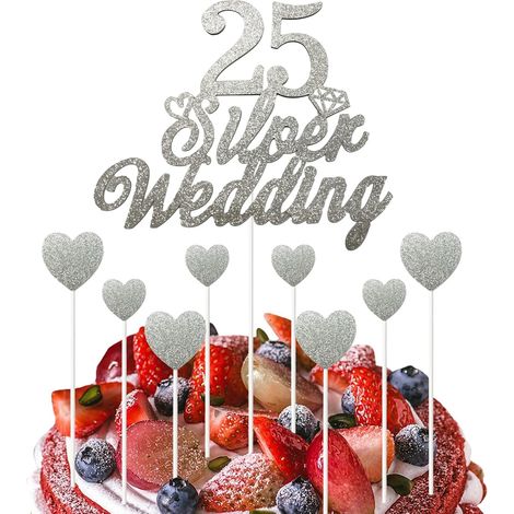 Juego de adornos plateados brillantes para pastel de 25 aniversario de bodas para aniversario de bodas