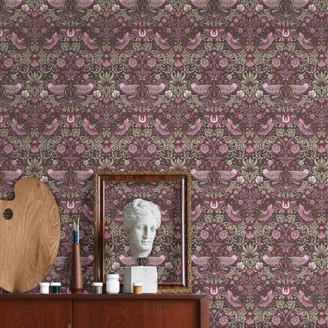 Papier peint motif animal et floral Tapisserie beige, rose et rouge végétation luxieuse Papier peint avec oiseaux pour cuisine (1/5)