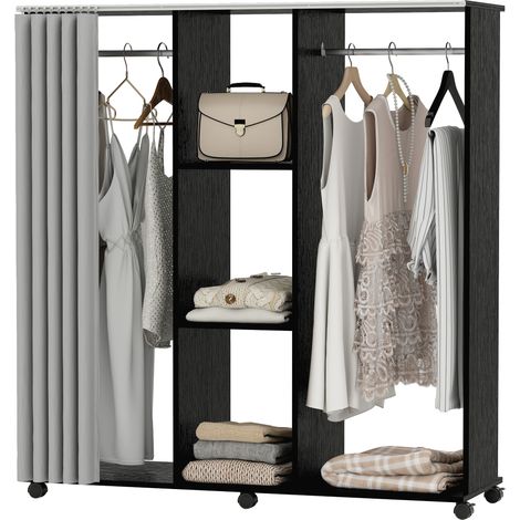 Armoire penderie Meuble de Rangement Mobile 6 roulettes 120L x 40l x 128H cm en bois Noir (1/5)