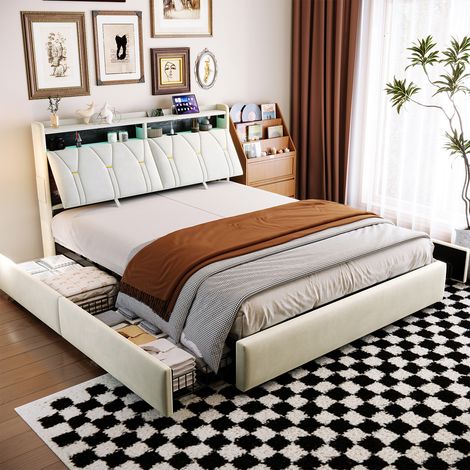 CJHXE Cama tapizada de 140 x 200 cm con espacio de almacenamiento (4 cajones), cama de matrimonio con iluminación LED, puertos USB y Type-C, estructura de la cama (1/5)