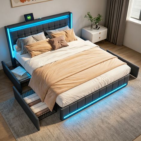 Lit capitonné 140×200cm avec lumière LED, lit double avec port USB, lit coffre avec tiroirs de rangement, sommier à lattes, lit adulte, lit ados, Lin, Gris