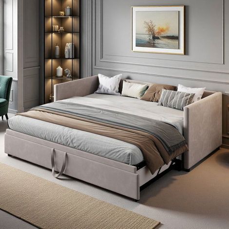 Divano letto a scomparsa in velluto grigio 90/180x200cm, Letto estensibile 2 posti salvaspazio per soggiorno e camera degli ospiti (1/5)