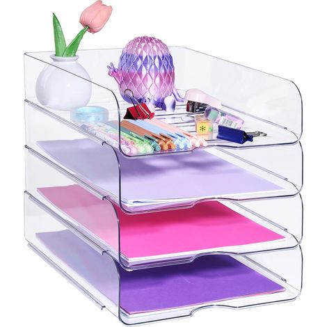 4 Pack Clear Letter Tray Stackable Letter Tray for A4 Paper Documents Notes Books (1/5)