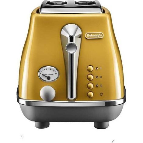 Delonghi – Grille-pain 2 tranches 900W – Chauffe viennoiseries – Acier inoxydable – Dimensions 320x185x205mm – Jaune (1/5)