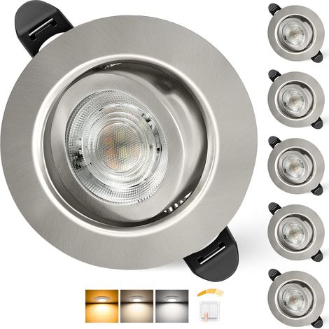 Spot LED Encastrable 230V Dimmable 68mm 5.5W IP44 45° Rotatif Extra Plat Spots de Plafond Blanc Chaud Blanc Neutre Blanc Froid Spot Salle de Bain, Nickel Brossé Lot de 6 (1/5)