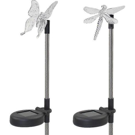 Lot de 2 lampes solaires LED à piquet pour jardin - Figurines lumineuses libellule multicolores Éclairage paysager extérieur Pour allée cour pelouse