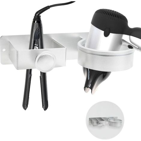 Hair dryer holder, no drilling required, with adhesive and screws, silver (1/5)